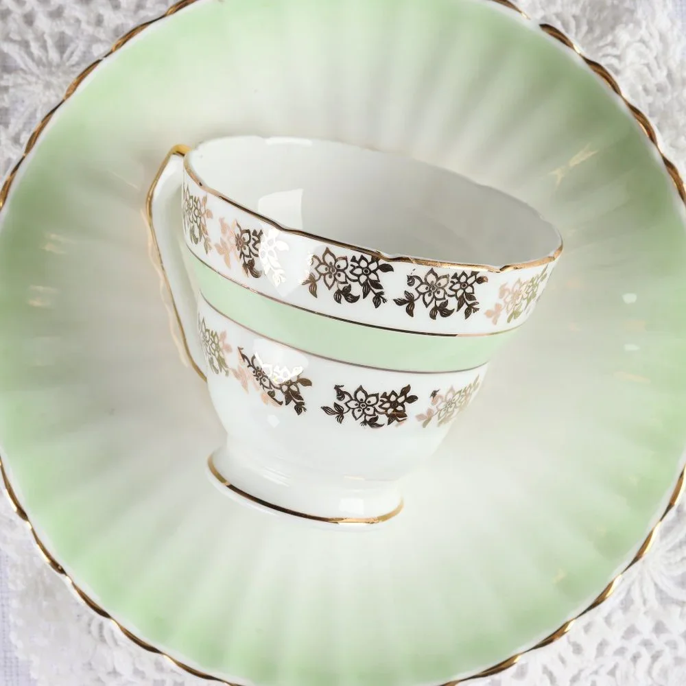 Vintage Mayfair Pottery Fine Bone China 22K Gold Teacup & Saucer